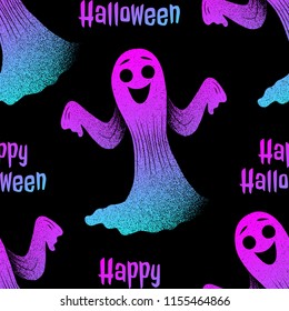 Vector halloween seamless pattern of happy colorful ghosts with text happy halloween on the black background.