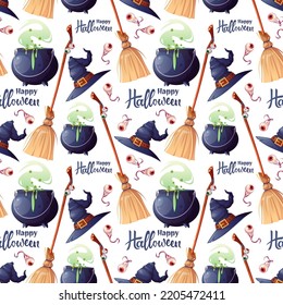 Vector Halloween Seamless pattern with hat, witches cauldron and broom with lettering. Magical background for wallpapers, paper, textiles, etc.