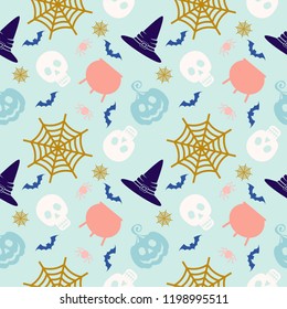 Vector Halloween seamless pattern. Icons of skull, spider, web, pumpkins, cauldron. Design elements for halloween party poster. Flat cartoon illustration. Objects isolated on a white background.