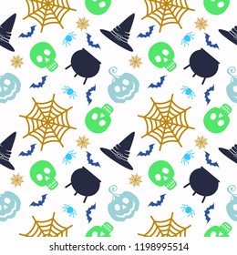 Vector Halloween seamless pattern. Icons of skull, spider, web, pumpkins, cauldron. Design elements for halloween party poster. Flat cartoon illustration. Objects isolated on a white background.
