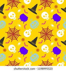 Vector Halloween seamless pattern. Icons of skull, spider, web, pumpkins, cauldron. Design elements for halloween party poster. Flat cartoon illustration. Objects isolated on a white background.
