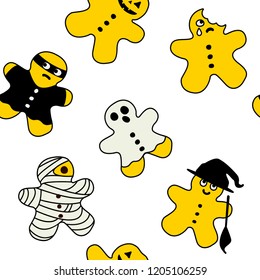 Vector Halloween seamless pattern illustration of cartoon cookies in party costume of pumpkin, ghost, witch with a hat and broom, mummy, bitten gingerbread man. Yellow, black outline, white background