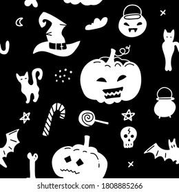 Vector halloween seamless pattern isolated on black background. Holiday elenets - cat, hat, candy and pumpkin. Silhouette simple design