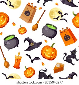 Vector Halloween seamless pattern with jack-o-lanterns, cats, bats, cauldrons, witches hats, candles, brooms, and candies on a white background.