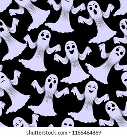 Vector halloween seamless pattern of lilac ghosts with different emotions on the black background.