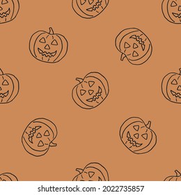 Vector, Halloween seamless pattern of line art jack-o-lantern drawings with rust orange background designed for paper products, fabric, kids fashion, and fall decor