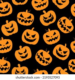 Vector Halloween seamless pattern with orange pumpkins and scary emotion faces. Emoji of pumpkins silhouettes, Halloween party or home decoration, textile print.