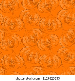 vector halloween seamless pattern with outline pumpkins with texture on the orange background.
