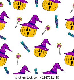 Vector Halloween seamless pattern. Pumpkin in a hat and candy . Simplified retro cartoon style. Illustration element for your design, wallpaper. children's wallpaper.