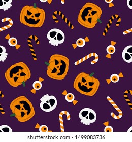 Vector Halloween seamless pattern pumpkin, skull, candies.