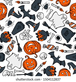 Vector Halloween seamless pattern with pumpkin, ghost, witch hat, broom, coffin and skull on white background. 