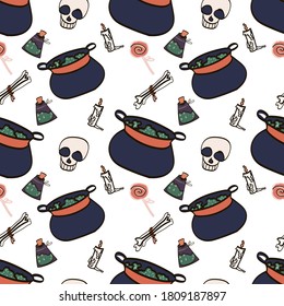 Vector Halloween seamless pattern pumpkin, skull, candies. Decoration wallpaper, wraping paper, digital paper