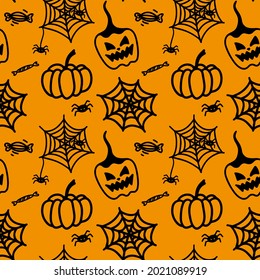 Vector halloween seamless pattern with pumpkin, sweets, spider web and spider. Cute illustration for seasonal design, textile, decoration kids playroom or greeting card. Hand drawn prints and doodle.
