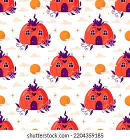 Vector Halloween seamless pattern with pumpkin, moon, clouds. Surface pattern design. 