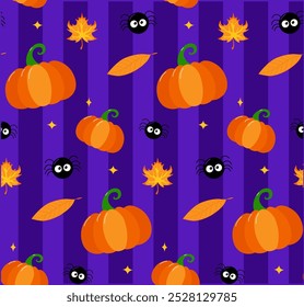 Vector Halloween seamless pattern with pumpkin, leaves, spider on colored background. Cute holiday repeated texture. Childish hand drawn background with cartoon characters

