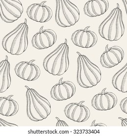 Vector halloween seamless pattern with pumpkin, hand drawn brown monochrome pumpkins background, EPS 10