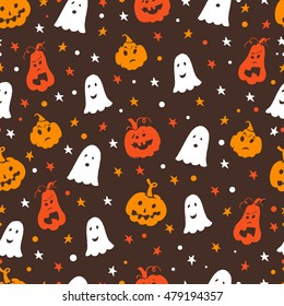 Vector Halloween seamless pattern with pumpkin, ghost and  stars. Hand drawn pattern for Halloween design. Perfect for decoration, wrapping papers, greeting cards, pattern fills, web page background