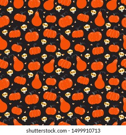 Vector Halloween seamless pattern with  pumpkins and skulls in masks. Hand drawn pattern for Halloween design. Perfect for decoration, wrapping papers, greeting cards, web page background