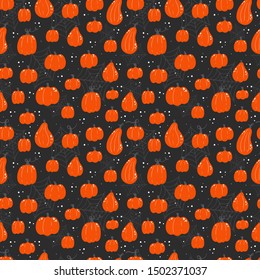 Vector Halloween seamless pattern with pumpkins  Hand drawn pattern for Halloween design. Perfect for decoration, wrapping papers, greeting cards, web page background