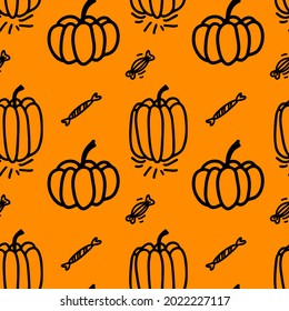 Vector halloween seamless pattern pumpkins, sweets and candies clipart on the orange. Funny, cute illustration for seasonal design, textile, decoration kids playroom or greeting card. Hand drawn art.