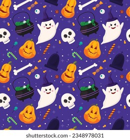 Vector Halloween sin fisuras. Calabazas, hueso, cráneo, cacerola de brujas con poción, caramelos, fantasma con sombrero de bruja sobre fondo azul oscuro. Fondo para papel de pared, impresión, textil, tela, envoltura