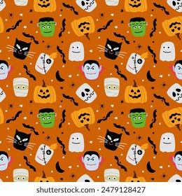 Vector Halloween seamless pattern with pumpkins, skull, gifts and spiders.