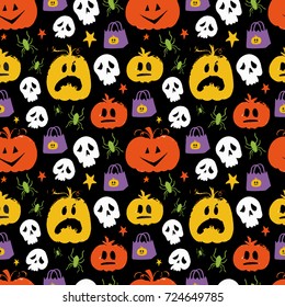 Vector Halloween seamless pattern with  pumpkins, skull, gifts and spiders. Hand drawn pattern for Halloween design. Perfect for decoration, wrapping papers, greeting cards, web page background