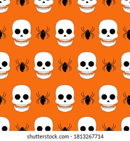 Vector Halloween seamless pattern. Repeated flat vector icons of skull and spider.