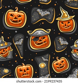 Vector Halloween seamless pattern, repeating background with cut out illustrations of orange halloween jack-o-lanterns in hats, flying bat on starry backdrop and decorative confetti on dark background