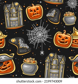 Vector Halloween seamless pattern, repeating background with cut out illustrations of orange halloween jack-o-lanterns in hats, flying bat on starry backdrop and decorative confetti on dark background