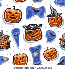 Vector Halloween seamless pattern, repeating background with cut out illustrations of orange halloween jack-o-lantern in hats, flying bat on starry backdrop and decorative confetti on white background