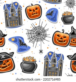 Vector Halloween seamless pattern, repeating background with cut out illustrations of orange halloween jack-o-lantern in hats, flying bat on starry backdrop and decorative confetti on white background