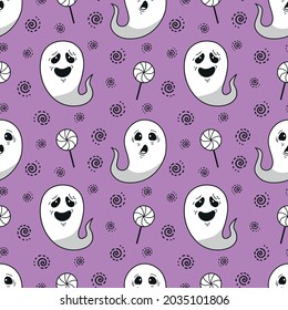 Vector Halloween seamless pattern with scary ghosts and abstract elements