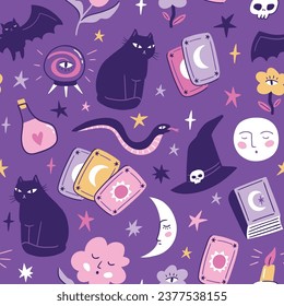 Vector Halloween seamless pattern. Set of magic elements in hand-drawn style. Black cat and mystical objects repeat background. Cute magic print for fabric or wallpaper design.