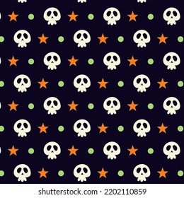 Vector halloween seamless pattern with skull. Spooky print with colorful figures in flat style. Creepy holiday aesthetic background.