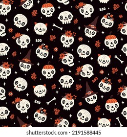 Vector Halloween seamless pattern with skulls and Halloween decorations. Holiday repeated texture with autumn elements. Hand-drawn print for fabric and wrapping paper. Kids Halloween background.