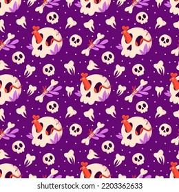Vector Halloween seamless pattern with skulls, bone, mouse and teeth. Spooky surface pattern design. 