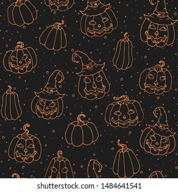 Vector Halloween seamless pattern with smiling pumpkins and witch hats orange outline on the black background. Scary holiday decoration for wrapping paper, etc.