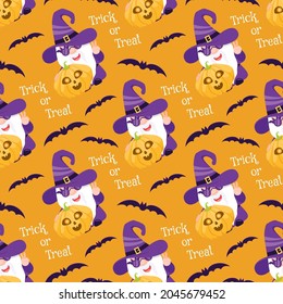 Vector Halloween Seamless Pattern. Smiling Funny Cartoon Gnome in Witch Hat. Carved Pumpkin. Text Trick or Treat. Bats. Orange Background.