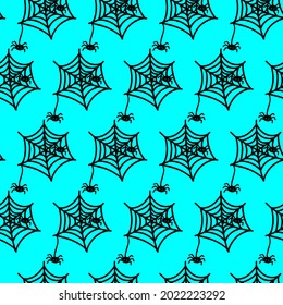 Vector halloween seamless pattern spider web clipart isolated on blue background. Funny, cute illustration for seasonal design, textile, decoration kids playroom or greeting card. Hand drawn art.