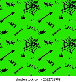 Vector halloween seamless pattern of spider, cobweb, candy, arrow, curl, points. Cute illustration for seasonal design, textile, decoration kids playroom or greeting card. Hand drawn prints and doodle