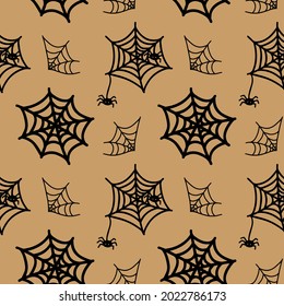 Vector halloween seamless pattern spider web clipart isolated on blue background. Funny, cute illustration for seasonal design, textile, decoration kids playroom or greeting card. Hand drawn art.