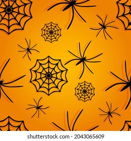 Vector. Halloween seamless pattern with spiders, cobwebs with shadow, holiday decorations on an orange background. Halloween party invitation card mock up. Flat lay, top view.