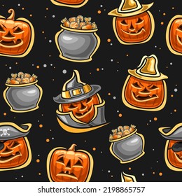 Vector Halloween seamless pattern, square repeating background with cut out illustrations of orange halloween jack-o-lanterns in hats and rustic pots with sweet halloween candies on dark background
