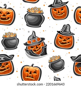 Vector Halloween seamless pattern, square repeating background with cut out illustrations of halloween jack-o-lantern in hats, clay pots with orange candies and decorative confetti on white background