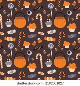 Patrón de Vector Halloween Seamless con Dulces, Pasteles, Cesta de Calabaza, Cañones Candy, Lollipop De Béisbol, Caramelos. Trajes deliciosos de fondo marrón. Ornamento brillante, diseño de fondo de caída