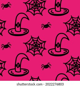 Vector halloween seamless pattern of witch hat, spider, cobweb. Funny, cute illustration for seasonal design, textile, decoration kids playroom or greeting card. Hand drawn prints and doodle.