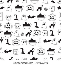 Vector Halloween seamless pattern.Black and white icons, eyes, magic hat, pumpkin, cauldron. Design elements for poster for Halloween parties. Vector illustration. Objects isolated on white background