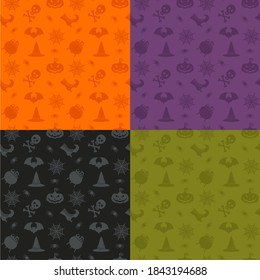 Vector Halloween seamless patterns set. Color icons of skull, spider, web, pumpkins, cauldron. Design elements for halloween party poster. Flat cartoon illustration. 