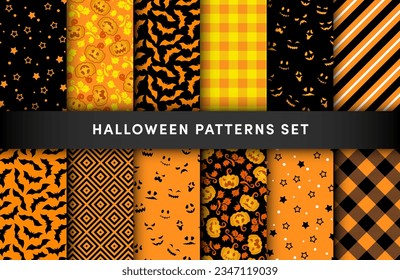 Vector Halloween seamless patterns set. Cute Halloween prints with smiling pumpkins, spooky faces, bat, stars, plaid and geometric backgrounds. For wrapping, fabric, holiday decoration, textile, web.